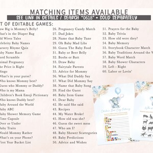 May include: A set of printable baby shower games with a blue and white color scheme. The games include "How Big is Mommy's Belly?", "What's in the Diaper Bag", "Old Wives Tales", "Celebrity Baby Names", "Nursery Rhyme Quiz", "Baby Name Race", "Word Scramble", "Animal Pregnancy", "The Price is Right", "Bingo", "What's in your purse?", "Who knows Mommy best?", "Guess who Mommy or Daddy?", "Who is my Mama", "Children's Book Emoji Pictionary", "Who knows Daddy best?", "Baby Around the World", "Baby ABC", "Baby Shower Memory Game", "Time Capsule", "Over or Under", "Baby Traits", "Would Mommy Rather", "What's on your Phone?", "First Year Bucket List", "Pregnancy Candy Match", "Dad Jokes", "Name that Baby Tune", "Oh Baby Mad Libs", "Guess The Baby Food", "Baby or Beer Belly", "Boobs or Butt", "Draw Baby", "Fairytale Parents", "Advice for Mommy", "What Did Daddy Say", "What Did Mommy Say", "Name that Baby Song", "Find the Guest", "Baby Item Game", "Dear Baby", "He said She said", "Recipes", "My Water Broke!", "How old was she?", "Guess the sweet mess", "Who am I?", "Baby Shower Scattegories", "Baby Predictions", "Advice and Wishes", "Prayers for the Baby", "Baby Trivia", "How old were they?", "Baby Memory", "Storybook Character Match", "Baby Traditions Around the World", "Baby Word Match", "Baby Shower Characters", "Left - Right", "Labor or Lovin'".
