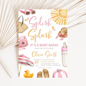 Editable Splish Splash Baby Bash Baby Shower Invitation, Pink Beach Baby Shower Invite, Beach Summer Baby Shower Invitation Template, 0745