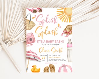 Invitación editable al baby shower Splish Splash Baby Bash, invitación al baby shower en la playa rosa, plantilla de invitación al baby shower en la playa en verano, 0745