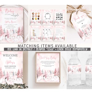 Editable Girl Arctic Animals Baby Shower Welcome Sign, Pink Winter Baby Shower Welcome Poster, Pink Baby It's Cold Outside Baby Shower, 0568 image 2