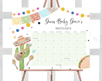 May include: A printable baby shower game sign with a colorful Mexican fiesta theme. The sign features a cactus with a sombrero, a guitar, and maracas. The sign has a calendar with the text "Guess Baby Gavin's Birth Date" and a due date marked on the calendar.
