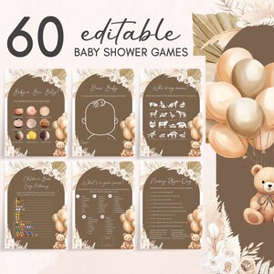 Pacchetto di giochi per baby shower con palloncini orsetti modificabili, pacchetto di giochi per baby shower Boho We Can Bearly Wait, giochi per baby shower con orsacchiotto marrone, 0694 immagine 1