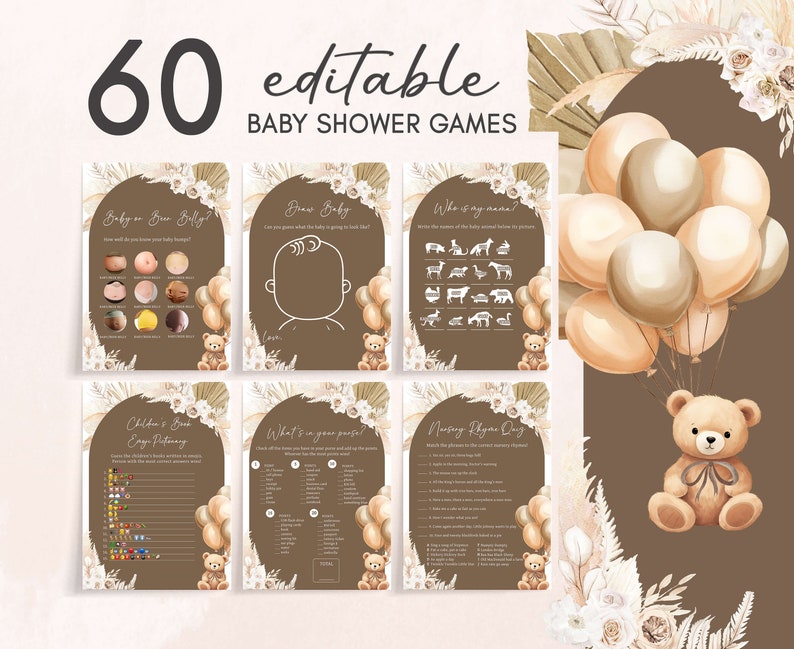 Pacchetto di giochi per baby shower con palloncini orsetti modificabili, pacchetto di giochi per baby shower Boho We Can Bearly Wait, giochi per baby shower con orsacchiotto marrone, 0694 immagine 1