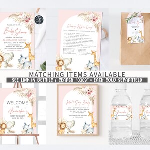 May include: A set of printable baby shower decorations with a jungle animal theme. The decorations include a welcome sign, a don't say baby game, a baby shower invitation, a water bottle label, and a favor bag tag. The decorations feature pink, brown, and green colors with illustrations of a giraffe, elephant, and rhino.