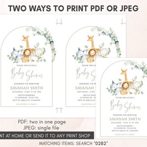 May include: Two printable baby shower invitations featuring a watercolor illustration of a giraffe, lion, elephant, and rhino with eucalyptus greenery. The text on the invitations reads "Please join us for a Baby Shower" and "Honoring the Mom-to-be Savannah Smith".