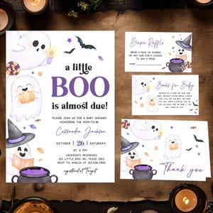 Editable Purple A Little Boo Baby Shower Invitation Bundle, Girl Halloween Baby Shower Invite, Spooky Ghost Fall Baby Shower Invite, 0904