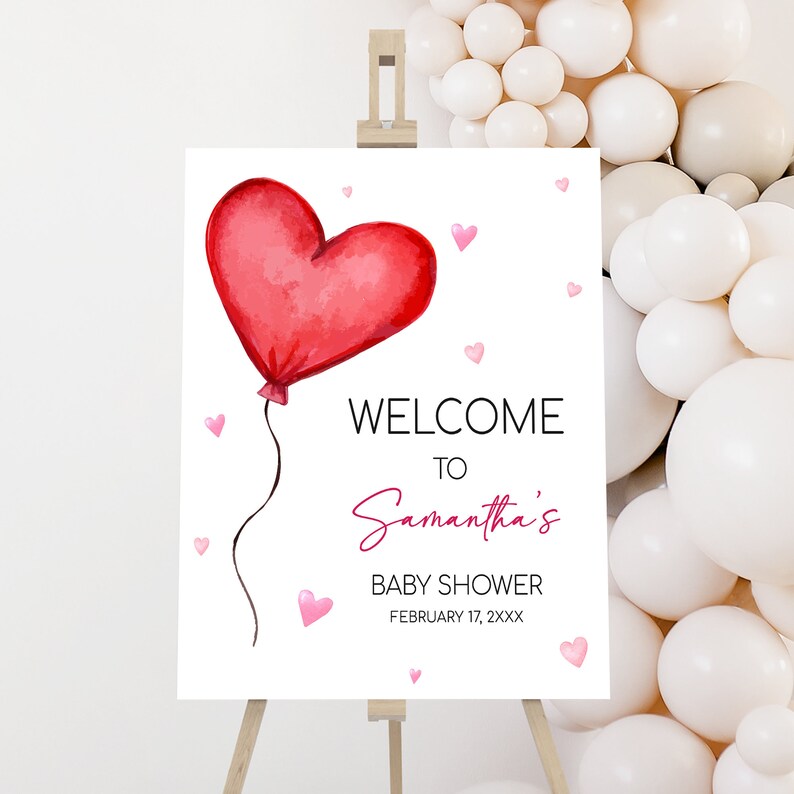 Editable Valentine Baby Shower Welcome Sign, Red Heart Balloon Baby Shower Welcome Poster, Minimalist A Little Sweetheart Baby Shower, 0597 image 1