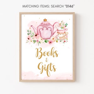 Tea Party Baby Shower Books and Gifts Sign Blush Pink Gold Tea Party Floral Baby Shower Gifts Sign Baby is Brewing Girl Baby Shower 0146