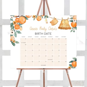 Bearbeitbar A Little Cutie ist auf dem Weg Babyparty Fälligkeitsdatumskalender, Orange Babypartykalender, Kleidung Citrus Geburtstagsvorhersagen, 01003