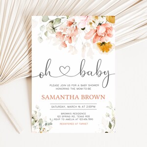 Bewerkbaar teken Oh Baby lente babyshower uitnodiging, lentebloem babyshower uitnodiging, roze bloemen meisje babyshower uitnodiging sjabloon 0628 afbeelding 1