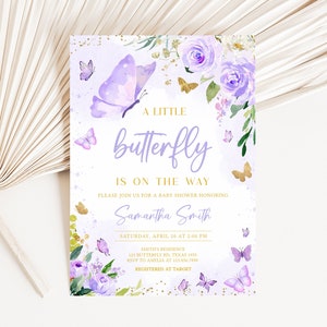 Editable Purple Baby Shower Butterfly Invitation Bundle, Butterflies Girl Baby Shower Invite Set, Floral Purple Butterfly Baby Shower, 0682 image 3