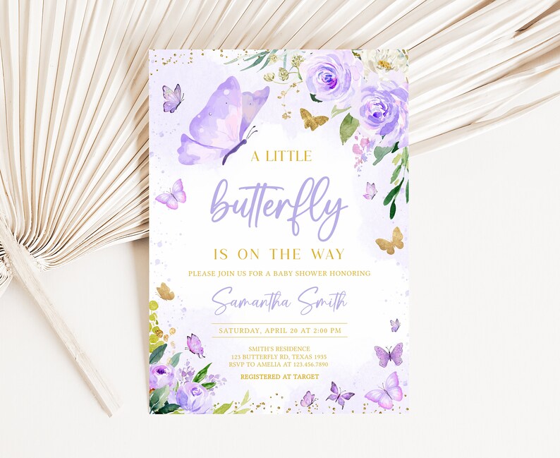 Editable Purple Baby Shower Butterfly Invitation Bundle, Butterflies Girl Baby Shower Invite Set, Floral Purple Butterfly Baby Shower, 0682 image 3