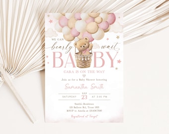 Convite para chá de bebê de urso rosa editável, podemos esperar o convite para chá de bebê, convite de balão de ursinho de pelúcia, convite de urso Boho 0417