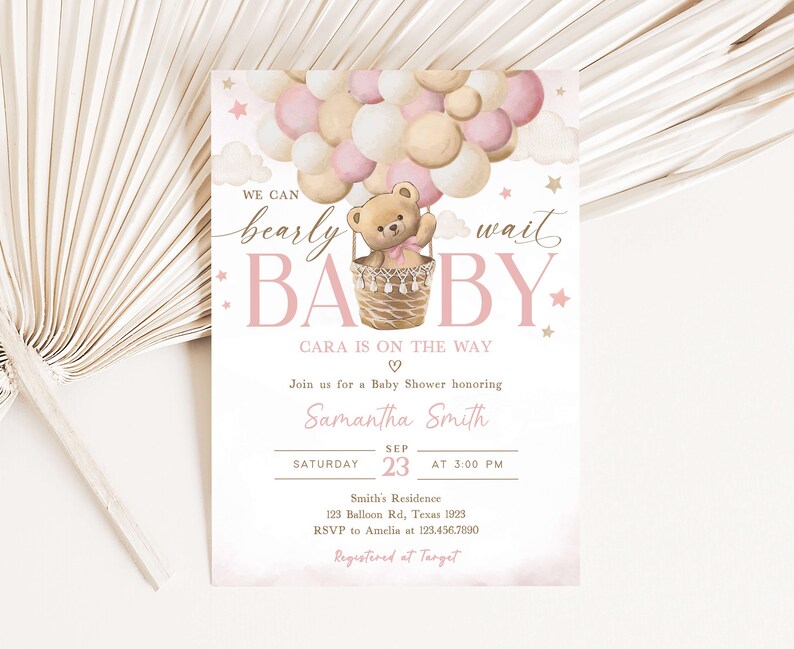 Editable Girl Pink Bear Baby Shower Invitation, We Can Bearly Wait Baby ...