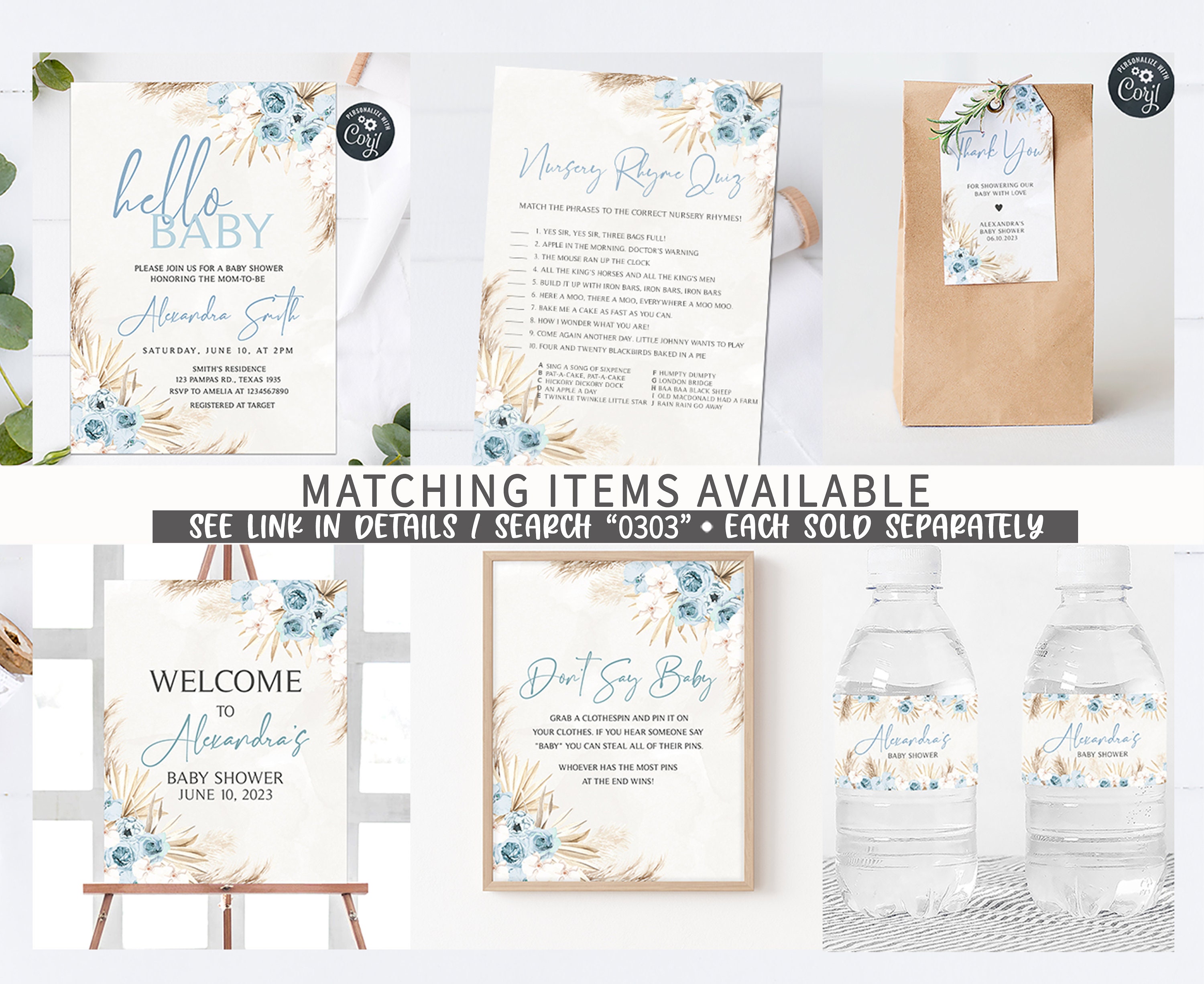 Editable Blue Floral Boho Baby Shower Due Date Calendar, Boy Pampas ...