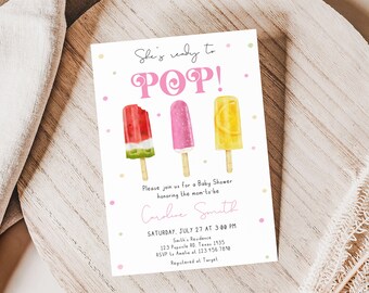 Editable Popsicle Baby Shower Invitation, She's Ready to Pop Baby Shower Invite, Girl Ready to Pop Summer Pink Baby Shower Invitation, 0786