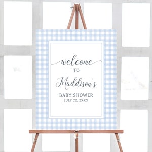Bearbeitbares blaues Gingham-Babyparty-Willkommensschild, Jungen-Picknick-Babyparty-Willkommensplakat, Gingham-Baby-Junge, Hinterhof-Grill-Babypartyschild, 0775