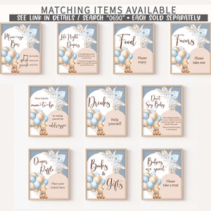 May include: A set of ten printable baby shower signs with a blue and brown color scheme. The signs feature a teddy bear holding balloons and text that says "Mum-to-be Bar", "Late Night Diapers", "Food", "Favors", "Please help the mum-to-be by making yourself the addressee", "Drinks", "Don't Say Baby", "Diaper Raffle", "Books & Gifts", and "Babies are sweet".