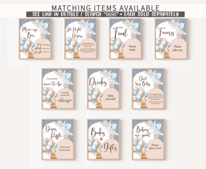 May include: A set of ten printable baby shower signs with a blue and brown color scheme. The signs feature a teddy bear holding balloons and text that says "Mum-to-be Bar", "Late Night Diapers", "Food", "Favors", "Please help the mum-to-be by making yourself the addressee", "Drinks", "Don't Say Baby", "Diaper Raffle", "Books & Gifts", and "Babies are sweet".