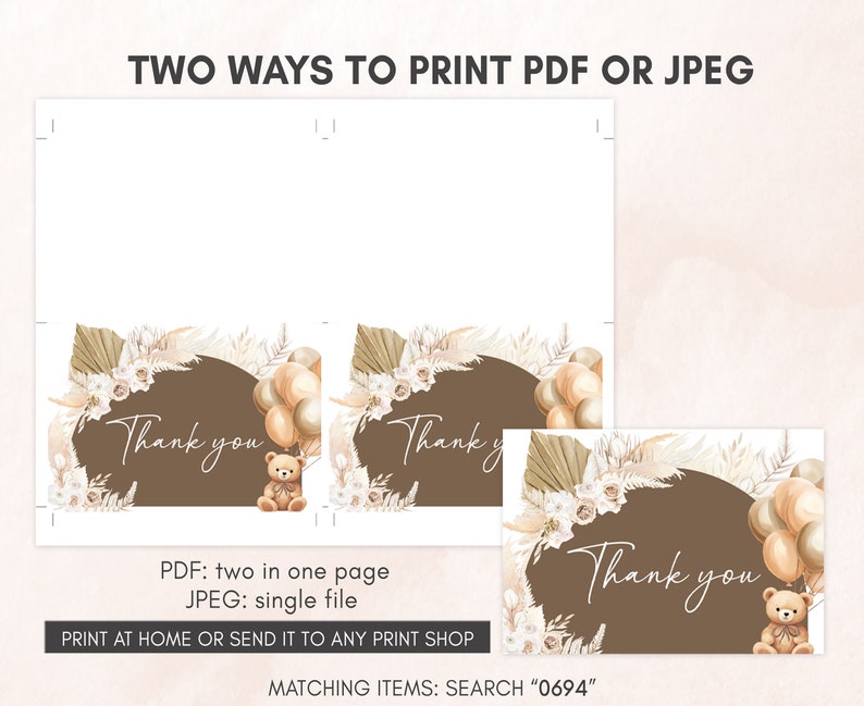 two thank cards with a teddy bear and flowers