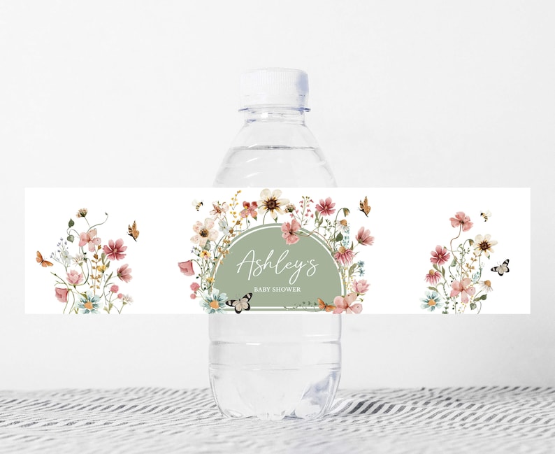 Bewerkbare baby in bloei baby shower fles label, Boho salie groene wilde bloemen baby shower waterlabels, genderneutrale flesstickers, 0676 afbeelding 1