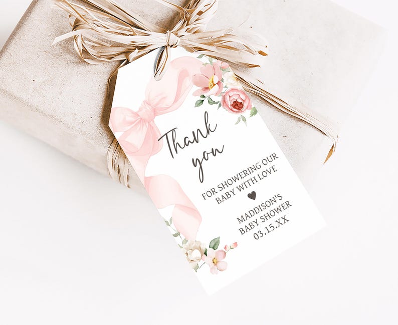 Pink Bow Baby Shower Favor Tag
