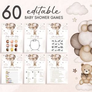Editable Bear Balloon Baby Shower Games Bundle, We Can Bearly Wait Baby Shower Game Pack, Gender Neutral Brown Bear Baby Shower Games, 0605 image 1