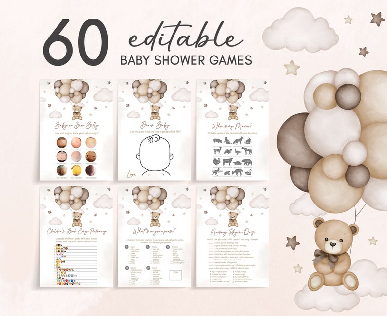 Editable Bear Balloon Baby Shower Games Bundle, We Can Bearly Wait Baby Shower Game Pack, Gender Neutral Brown Bear Baby Shower Games, 0605 image 1