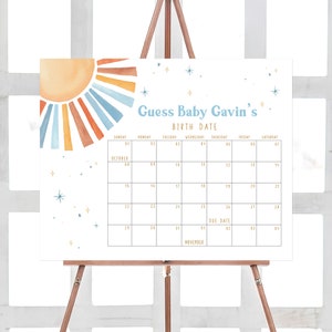 Editable Sunshine Baby Shower Due Date Calendar, Here Comes the Son Baby Shower Calendar, Blue Boy Boho Sunshine Birthday Prediction, 0642 image 1