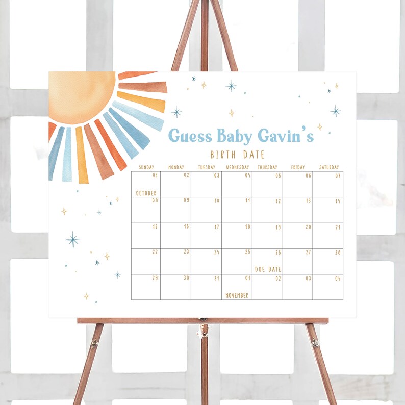 Editable Sunshine Baby Shower Due Date Calendar, Here Comes the Son Baby Shower Calendar, Blue Boy Boho Sunshine Birthday Prediction, 0642 image 1