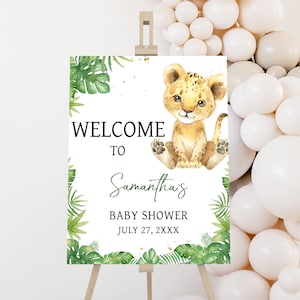 Segno di benvenuto modificabile per la doccia per bambini con leone, poster di benvenuto per la doccia per bambini con leone tropicale, leone ruggente con eccitazione, 0736