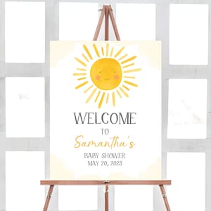 Bewerkbaar Sunshine Baby Shower-welkomstbord, Boho Sun Baby Shower Welkomposter, A Little Sunshine Genderneutraal Babyshower, 0251