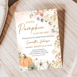 Editable Fall Pumpkin Baby Shower Invitation, Autumn Fall Baby Shower Invite, Gender Neutral Fall Floral Autumn Baby Shower Invite, 0814
