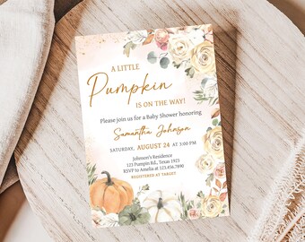 Editable Fall Pumpkin Baby Shower Invitation, Autumn Fall Baby Shower Invite, Gender Neutral Fall Floral Autumn Baby Shower Invite, 0814