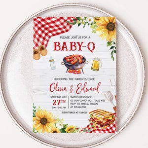 Editable Sign Baby-Q Baby Shower Invitation, Sunflower Couples BBQ Baby Shower Invite, Gingham BabyQ Backyard Baby Shower Invitation, 0817