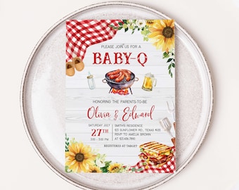 Bearbeitbares Schild Baby-Q Babyparty-Einladung, Sonnenblumen-Paare BBQ Babyparty-Einladung, Gingham BabyQ Hinterhof-Babyparty-Einladung, 0817