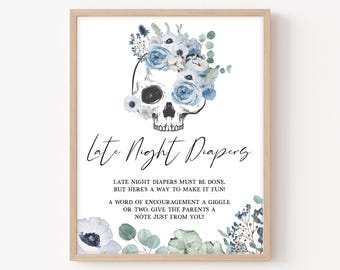 Late Night Diapers Sign Gothic Halloween Baby Shower, Blue Floral Skull Baby Shower Diaper Thoughts Sign, A Little Boo Skull Boy Signs, 0941