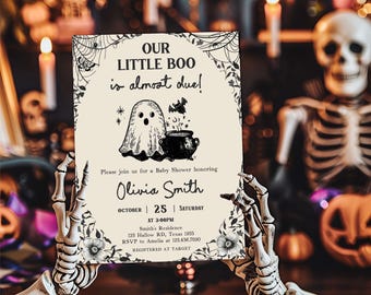Editable Gothic Halloween Baby Shower Invitation, Little Boo is Almost Due Baby Shower Invite, Spooky Black Floral Ghost Shower Invite 01151