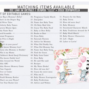 May include: A printable set of baby shower games with a pink and gray color scheme. The games include "How Big is Mommy's Belly?", "What's in the Diaper Bag", "Old Wives Tales", "Celebrity Baby Names", "Nursery Rhyme Quiz", "Baby Name Race", "Word-Scramble", "Animal Pregnancy", "The Price is Right", "Bingo", "What's in your purse?", "Who knows Mommy best?", "Guess who Mommy or Daddy?", "Who is my Mama", "Children's Book Emoji Pictionary", "Who knows Daddy best?", "Baby Around the World", "Baby ABC", "Baby Shower Memory Game", "Time Capsule", "Over or Under", "Baby Traits", "Would Mommy Rather", "What's on your Phone?", "First Year Bucket List", "Pregnancy Candy Match", "Dad Jokes", "Name that Baby Tune", "Oh Baby Mad Libs", "Guess The Baby Food", "Baby or Beer Belly", "Boobs or Butt", "Draw Baby", "Fairytale Parents", "Advice for Mommy", "What Did Daddy Say", "What Did Mommy Say", "Name that Baby Song", "Find the Guest", "Baby Item Game", "Dear Baby", "He said She said", "Recipes", "My Water Broke!", "How old was she?", "Guess the sweet mess", "Who am I?", "Baby Shower Scattegories", "Baby Predictions", "Advice and Wishes", "Prayers for the Baby", "Baby Trivia", "How old were they?", "Baby Memory", "Storybook Character Match", "Baby Traditions Around the World", "Baby Word Match", "Baby Shower Characters", "Left - Right", "Labor or Lovin'".