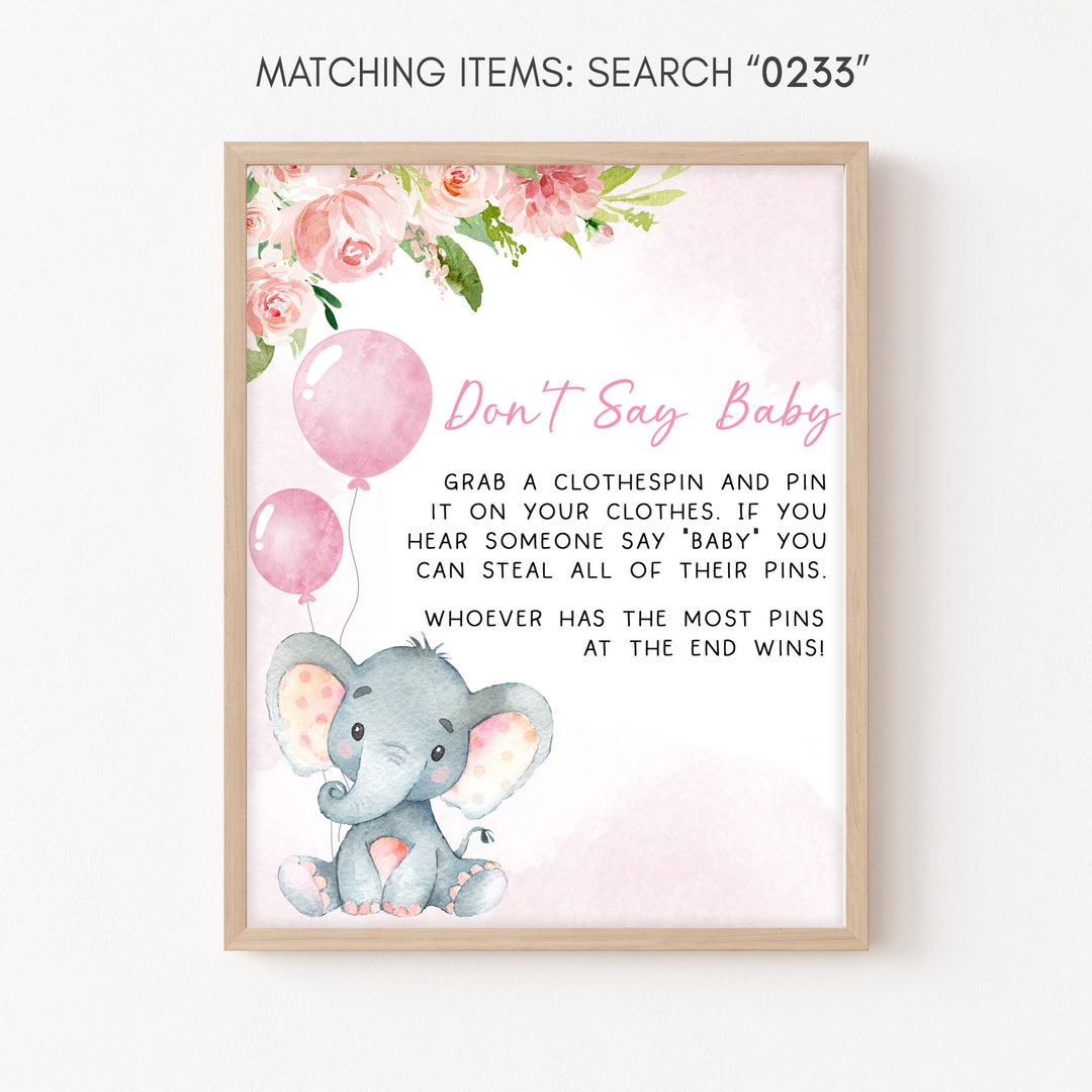 Don't Say Baby Sign Blush Pink Elephant Baby Shower, Girl Baby Elephant ...
