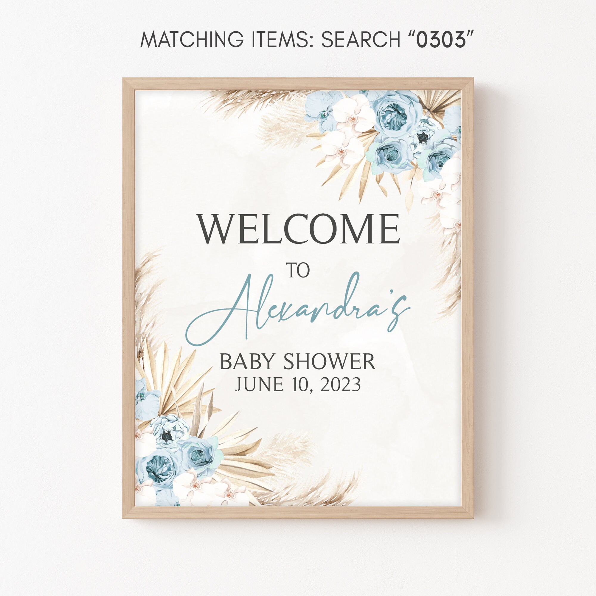 Editable Blue Floral Boho Baby Shower Welcome Sign, Boy Pampas Grass ...