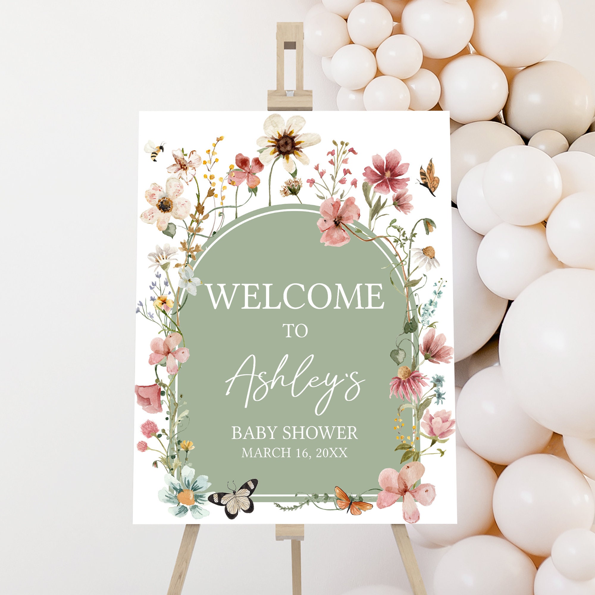 Signo de bienvenida editable de Baby in Bloom Baby Shower, cartel de bienvenida de Boho Sage Green Wildflower Baby Shower, signo de baby shower de género neutro 0676