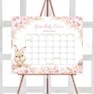 Bearbeitbarer Fälligkeitskalender für Mädchen-Kaninchen-Babyparty, rosa Boho-Kaninchen-Babypartykalender, Pampasgras-Mädchen-Häschen-Geburtstagsvorhersagen 0609