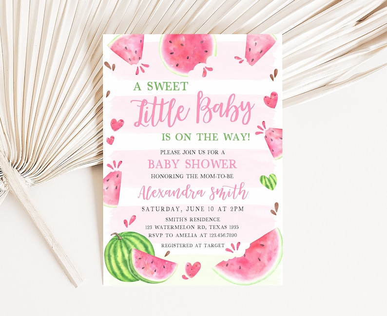 Editable Pink Watermelon Baby Shower Invitation A Sweet Little Baby Watermelon Girl Baby Shower Invite Watermelon Party Invite Template 0266 image 1