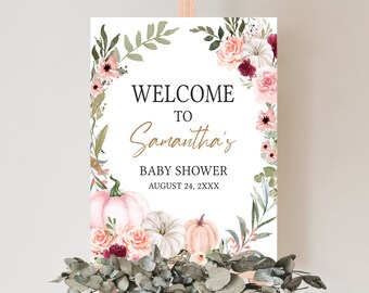 Editable Greenery Floral Pumpkin Baby Shower Welcome Sign, Pink Pumpkin Baby Shower Welcome Poster, Little Pumpkin Fall Baby Shower, 0862