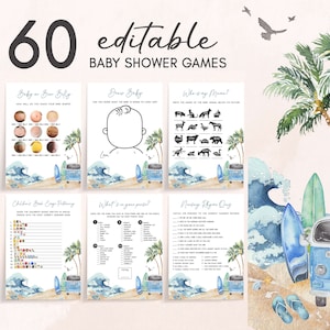 Editable Baby on Board Baby Shower Games Bundle, Surf Beach Baby Shower Game Pack, Retro Surf Boy Summer Baby Shower Games Template, 0709 image 1