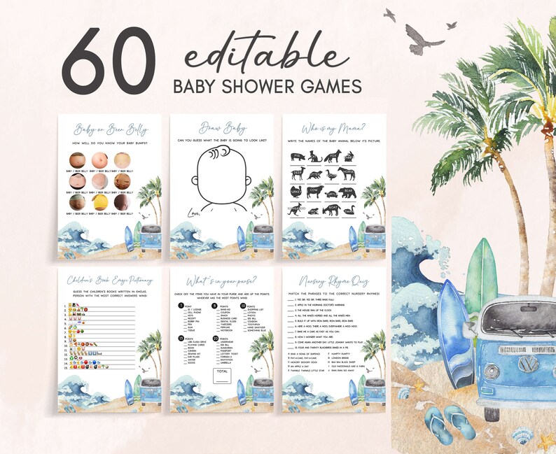 Editable Baby on Board Baby Shower Games Bundle, Surf Beach Baby Shower Game Pack, Retro Surf Boy Summer Baby Shower Games Template, 0709 image 1
