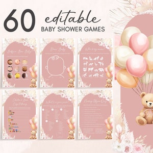 Edytowalny różowy niedźwiedź balonik Baby Shower gry pakiet, dziewczyna Boho Bear Baby Shower gry pakiet, możemy czekać na baby shower szablon gry 0692 zdjęcie 1