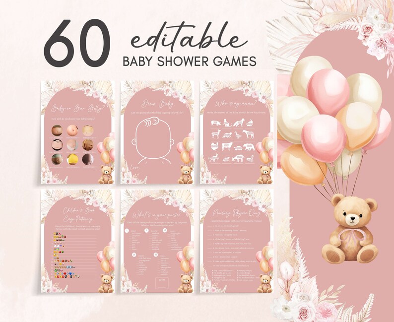 Edytowalny różowy niedźwiedź balonik Baby Shower gry pakiet, dziewczyna Boho Bear Baby Shower gry pakiet, możemy czekać na baby shower szablon gry 0692 zdjęcie 1