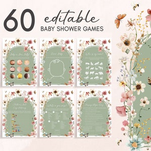 Editable Baby in Bloom Baby Shower Games Bundle, Boho Sage Green Wildflower Baby Shower Game Pack, Gender Neutral Baby Shower Games, 0676 image 1